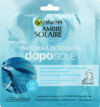 GARNIER AMBRE SOLAIRE ,maseczka w płachcie do twarzy, po opalaniu, kojąca,przód