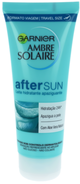 Garnier Ambre Solaire After Sun mleczko nawilżające w turkusowej tubce travel size z aloesem, widok z przodu.