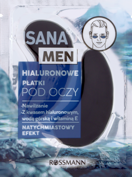 Opakowanie Sana Men Hialuronowe Płatki pod Oczy, czarne, z męską grafiką, na tle gór i wody, widok z przodu.