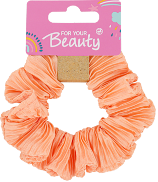 Pomarańczowa gumka do włosów scrunchie z plisowanego materiału, na różowym kartoniku For Your Beauty.
