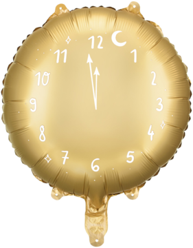 Złoty balon foliowy Zegar, okrągły, z białym nadrukiem cyferblatu i wskazówkami na północy, widok z przodu.