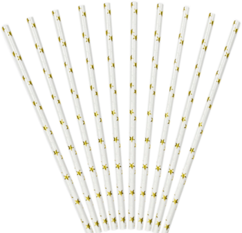Dziesięć białych papierowych słomek ze złotymi metalizowanymi gwiazdkami, ułożonych w wachlarz na czarnym tle.