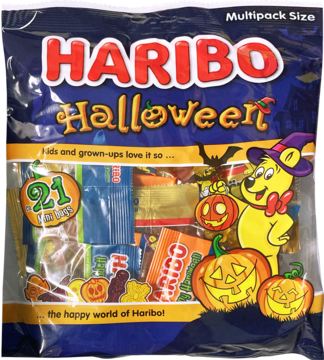 Haribo Halloween multipack: ciemnoniebieska torba z 21 mini paczkami żelków, miś i dynie, widok z przodu.