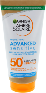 Garnier Ambre Solaire Advanced Sensitive SPF 50+ z ceramidami, biała tubka w nowym kartonowym opakowaniu.