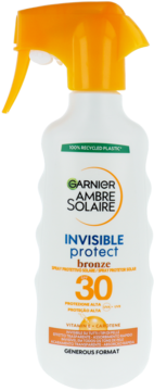Biały spray Garnier Ambre Solaire Invisible Protect Bronze SPF 30 z pomarańczowym atomizerem, widok z przodu.