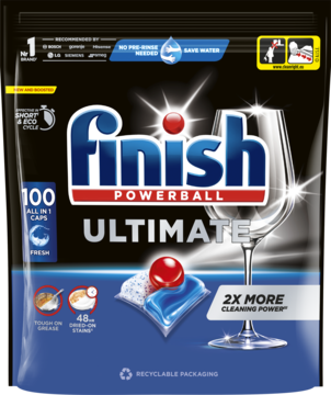 Finish Ultimate Deep Clean & Shine, 100 kapsułek do zmywarki, czarna torebka, z kieliszkiem, widok z przodu.