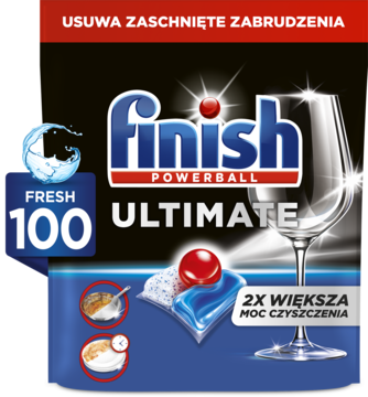 Opakowanie Finish Ultimate Powerball 100 kapsułek do zmywarki, usuwające zaschnięte zabrudzenia, z widoczną szklanką.