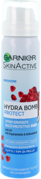 Garnier SkinActive Hydra Bomb Protect spray, biała butelka z niebieską etykietą i granatem, widok z przodu.