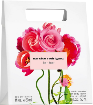 Biała torebka prezentowa Narciso Rodriguez for Her z kwiatami, zestaw EDT 30ml i balsam 50ml, widok z przodu.