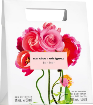 Biała torba prezentowa Narciso Rodriguez for Her z różowymi kwiatami. Zawiera wodę toaletową 30ml i balsam 50ml.