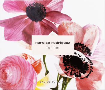 Narciso Rodriguez for Her zestaw prezentowy. Białe pudełko z nadrukiem różowych kwiatów, woda toaletowa. Widok z przodu.
