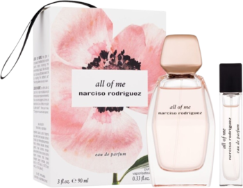 Zestaw perfum Narciso Rodriguez All Of Me: elegancki flakon EDP 90ml, miniatura 10ml i różowe pudełko z makami.