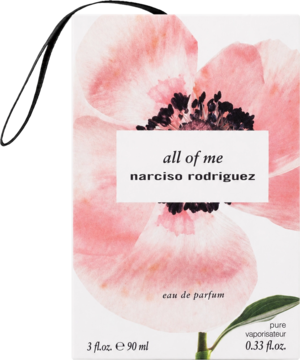 Biała zawieszka All Of Me narciso rodriguez eau de parfum z delikatnym różowym kwiatem, widok z przodu.