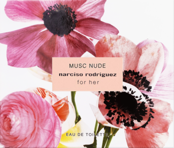 Białe pudełko perfum Narciso Rodriguez For Her Musc Nude Eau de Toilette z artystycznym wzorem różowych kwiatów, napis w centrum.