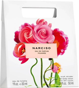 Zestaw prezentowy Narciso Poudree. Biała torebka z uchwytem i grafiką różowych kwiatów. Woda perfumowana 30ml, balsam 50ml.