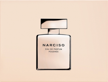 Perfumy Narciso Poudree EDP w matowej, pudrowej butelce z metaliczną nakrętką na beżowym tle, z przodu.