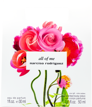 Zestaw prezentowy Narciso Rodriguez All Of Me. Białe pudełko z różowo-czerwonymi kwiatami, perfumy 30ml i balsam 50ml.