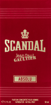 Czerwone pudełko perfum Jean Paul Gaultier Scandal Pour Homme Absolu 50ml, złoty napis, widok z przodu.