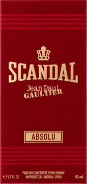 Czerwone opakowanie perfum Scandal Jean Paul Gaultier Absolu, 50ml, widok z przodu, złote napisy i korona.