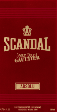 Ciemnoczerwone, teksturowane pudełko perfum Jean Paul Gaultier Scandal Absolu z dużym złotym napisem i koroną.
