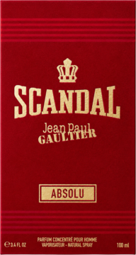 Czerwone pudełko perfum Jean Paul Gaultier Scandal Absolu ze złotym tekstem, logo korony i paskami, widok z przodu.