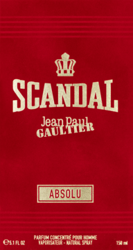 Czerwone opakowanie perfum Scandal Jean Paul Gaultier Absolu dla mężczyzn, złote napisy i korona, widok z przodu.