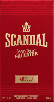 Czerwone, teksturowane pudełko perfum Scandal Pour Homme Absolu ze złotymi napisami i koroną.
