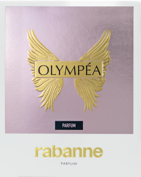 Perfumy Olympéa Rabanne, jasnoróżowe opakowanie ze złotymi skrzydłami i napisem, widok z przodu.