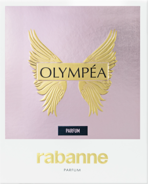 Paco Rabanne Olympéa Parfum, frontalny widok pudełka z różowo-złotymi skrzydłami i napisem, w białej ramce.