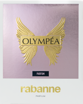 Luksusowe, metaliczne różowe pudełko perfum Olympéa rabanne ze złotymi skrzydłami, widok z przodu.