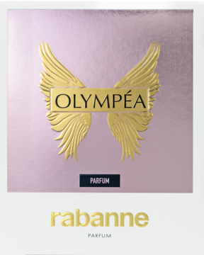 Eleganckie opakowanie perfum Olympéa rabanne, metaliczny róż, złote skrzydła i nazwa, widok z przodu.