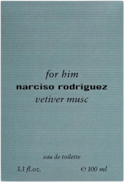 Pudełko perfum Narciso Rodriguez For Him Vetiver Musc, EDT 100ml, błękitne z poziomą fakturą.