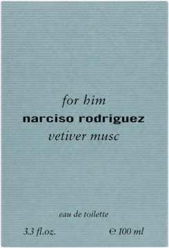 Jasnoszare, lekko teksturowane pudełko wody toaletowej Narciso Rodriguez For Him Vetiver Musc, z przodu napisy.