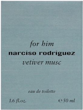 Jasnoniebieskie opakowanie wody toaletowej Narciso Rodriguez For Him Vetiver Musc, teksturowane poziomo, widok z przodu.