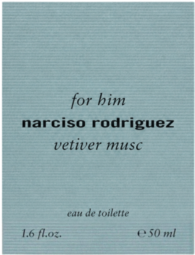 Jasnoniebieskie pudełko Narciso Rodriguez For Him Vetiver Musc eau de toilette z poziomymi paskami, front.