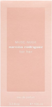 Pionowe opakowanie perfum Narciso Rodriguez For Her Musc Nude, jasnoróżowe z białym tekstem, widok z przodu.