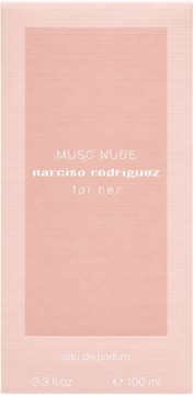 Bladoróżowe pudełko perfum Narciso Rodriguez Musc Nude For Her 100ml, z subtelnym poziomym wzorem, widok z przodu.