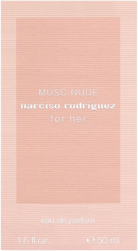 Frontalny widok kartonika perfum Narciso Rodriguez For Her Musc Nude, z jasnoróżowym tłem i białymi napisami.