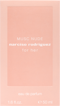 Frontalne ujęcie pudełka wody perfumowanej Narciso Rodriguez For Her Musc Nude 50 ml, w delikatnym odcieniu nude.