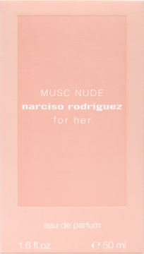 Kartonik perfum Narciso Rodriguez For Her Musc Nude EDP 50ml, bladoróżowy z białymi napisami, widok z przodu.