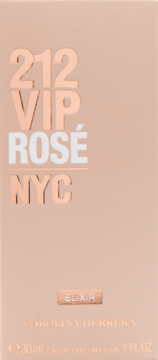 Bladoróżowe pionowe opakowanie perfum Carolina Herrera 212 VIP Rosé Elixir 30ml, z błyszczącymi napisami.
