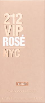Front różowo-beżowego opakowania 212 VIP Rosé Elixir. Wyróżniony tekst 212 VIP, białe ROSÉ, NYC i złoty ELIXIR.