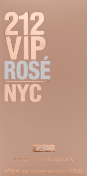 Różowo-złote opakowanie perfum 212 VIP Rosé Elixir od Carolina Herrera, pionowo, z metalicznym tekstem.