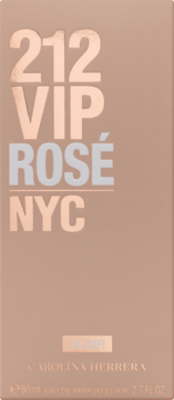Rose gold matowe pudełko perfum 212 VIP Rosé Elixir, z metalicznym napisem i logo Carolina Herrera, widok z przodu.