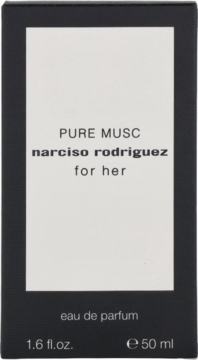 Biało-czarne kartonowe pudełko perfum Narciso Rodriguez Pure Musc For Her, 50ml eau de parfum, widok z przodu.
