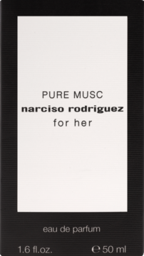 Front view of Narciso Rodriguez Pure Musc For Her Eau de Parfum 50ml box, white upper part, black base.