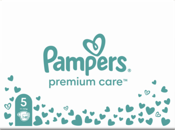 Pampers Premium Care, opakowanie pieluszek rozmiar 5 (11-16 kg), białe tło z zielonym logo i sercami.