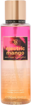 Victoria's Secret Electric Mango mgiełka zapachowa, 250ml, butelka z różowo-pomarańczowym gradientem i palmami, przód.