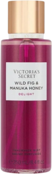 Victoria's Secret Wild Fig & Manuka Honey Delight mgiełka do ciała, butelka z różowym płynem i złotą nakrętką, widok z przodu.