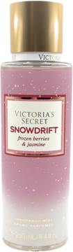 Victoria's Secret Snowdrift mgiełka z różowym płynem i brokatem, złota nakrętka, napis "frozen berries & jasmine".